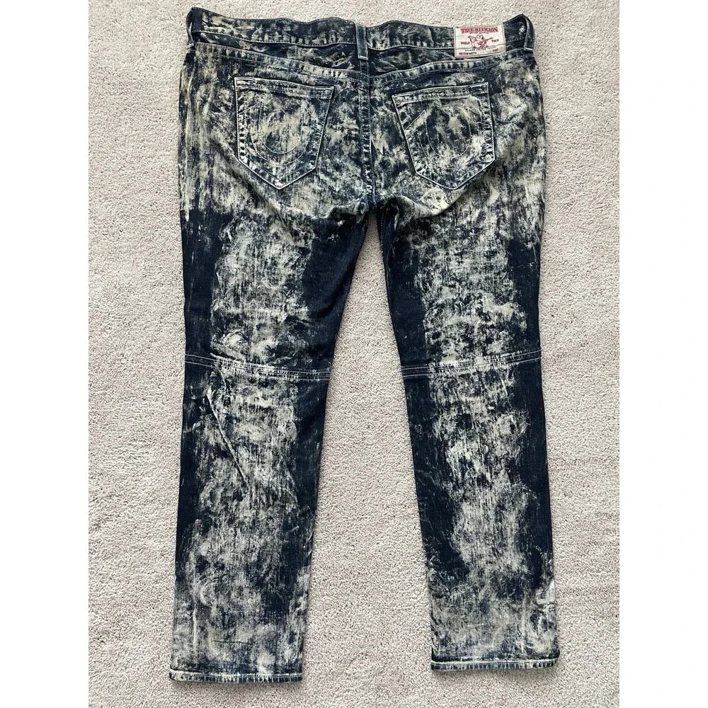 True Religion Rocco Moto Skinny Leg Jeans Mens 46x33 Acid Wash Flex Knee Stretch